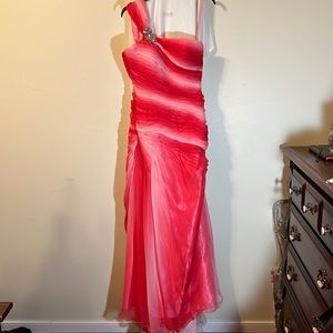 Coral One shoulder stoned formal gown